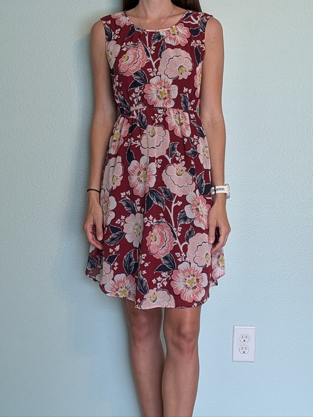 LOFT Burgundy Floral Sleeveless Fit-and-Flare Dress